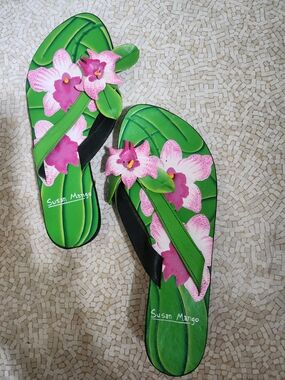 Women's Green Floral Flip Flops - Pink Orchid Accent